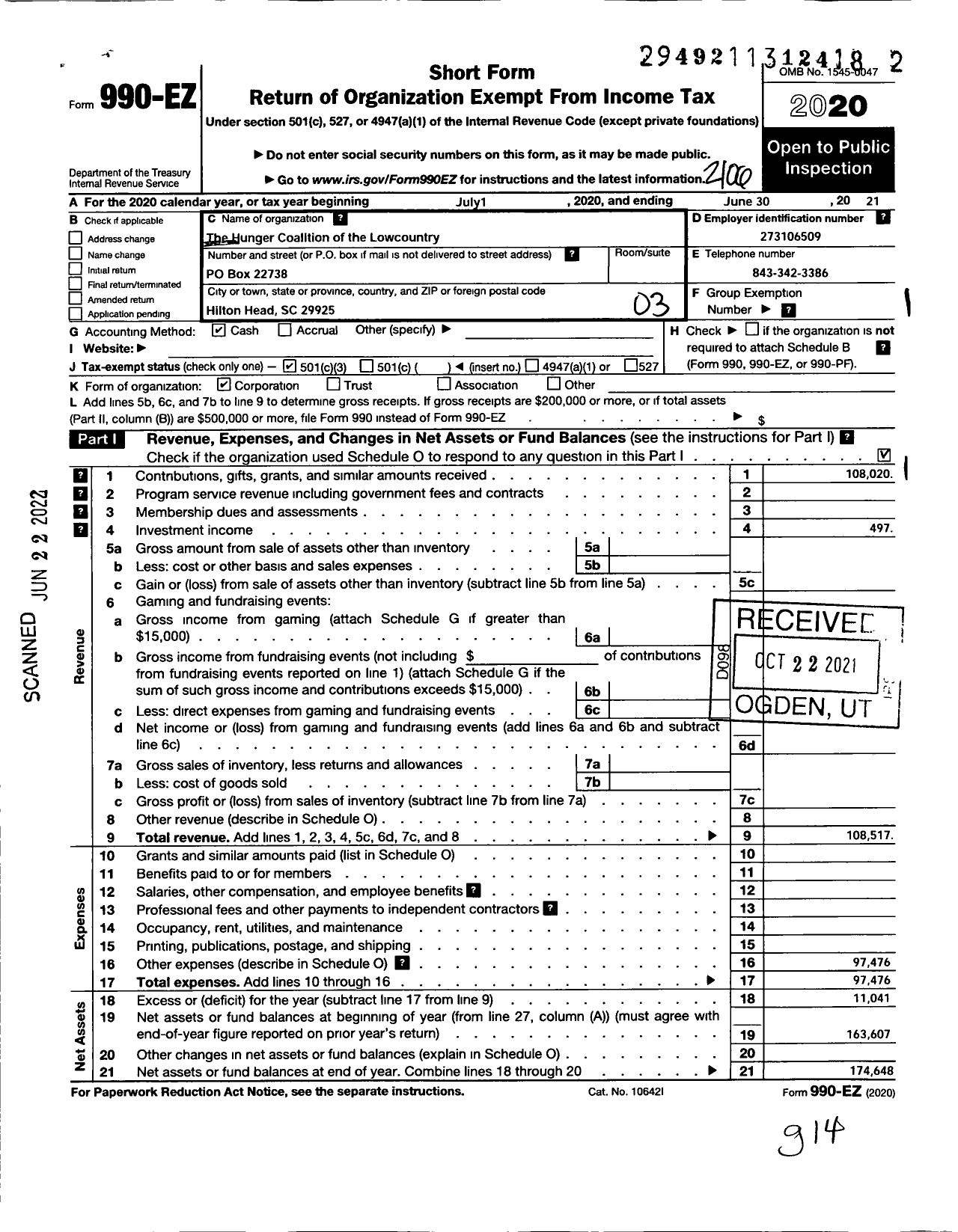 Image of first page of 2020 Form 990EZ for The Hunger Coalition of the Lowcountry