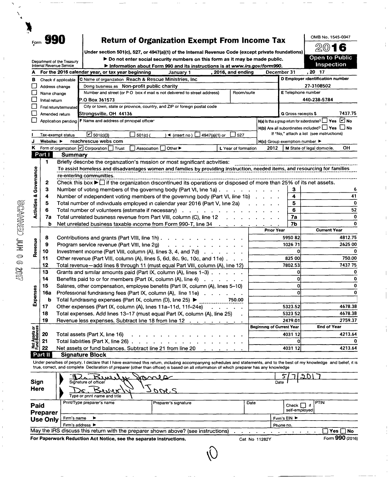 Image of first page of 2017 Form 990 for Reach and Rescue Ministries