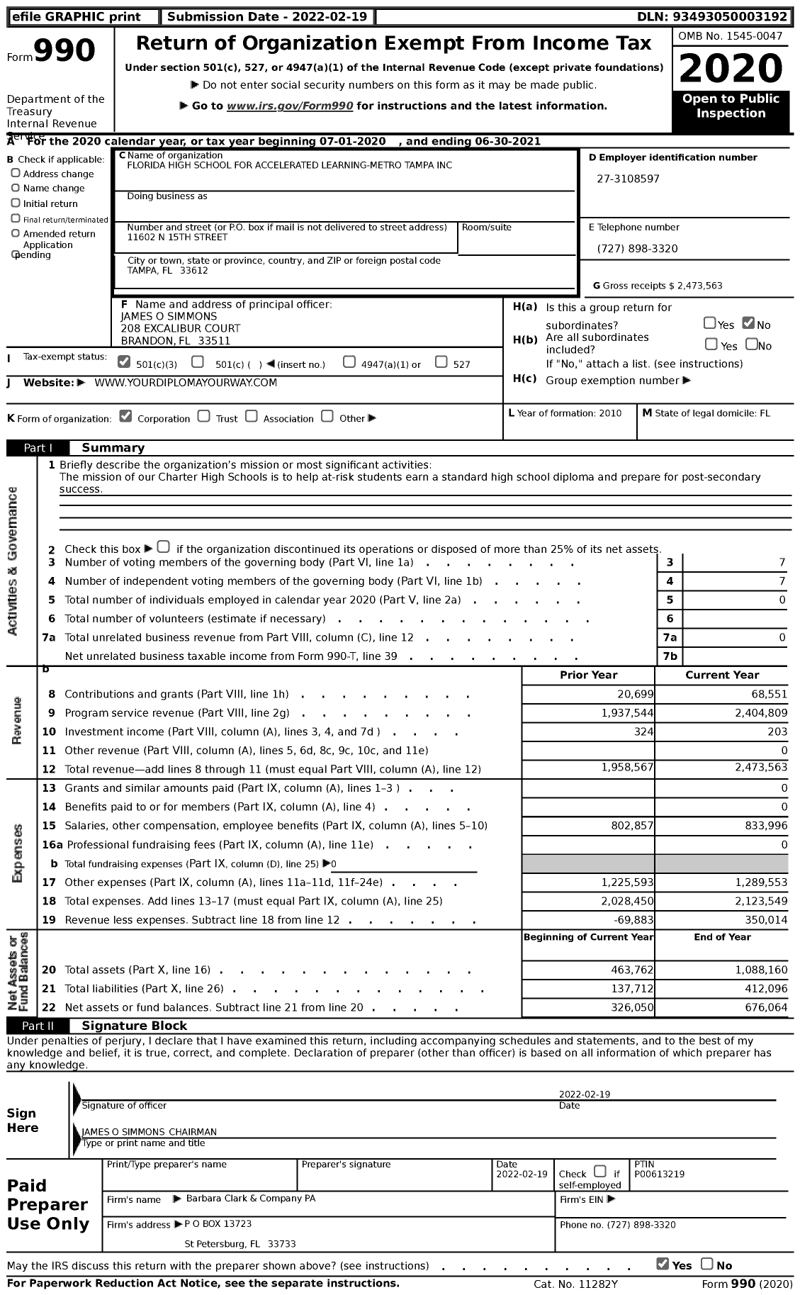 Image of first page of 2020 Form 990 for Florida High School for Accelerated Learning-Metro Tampa