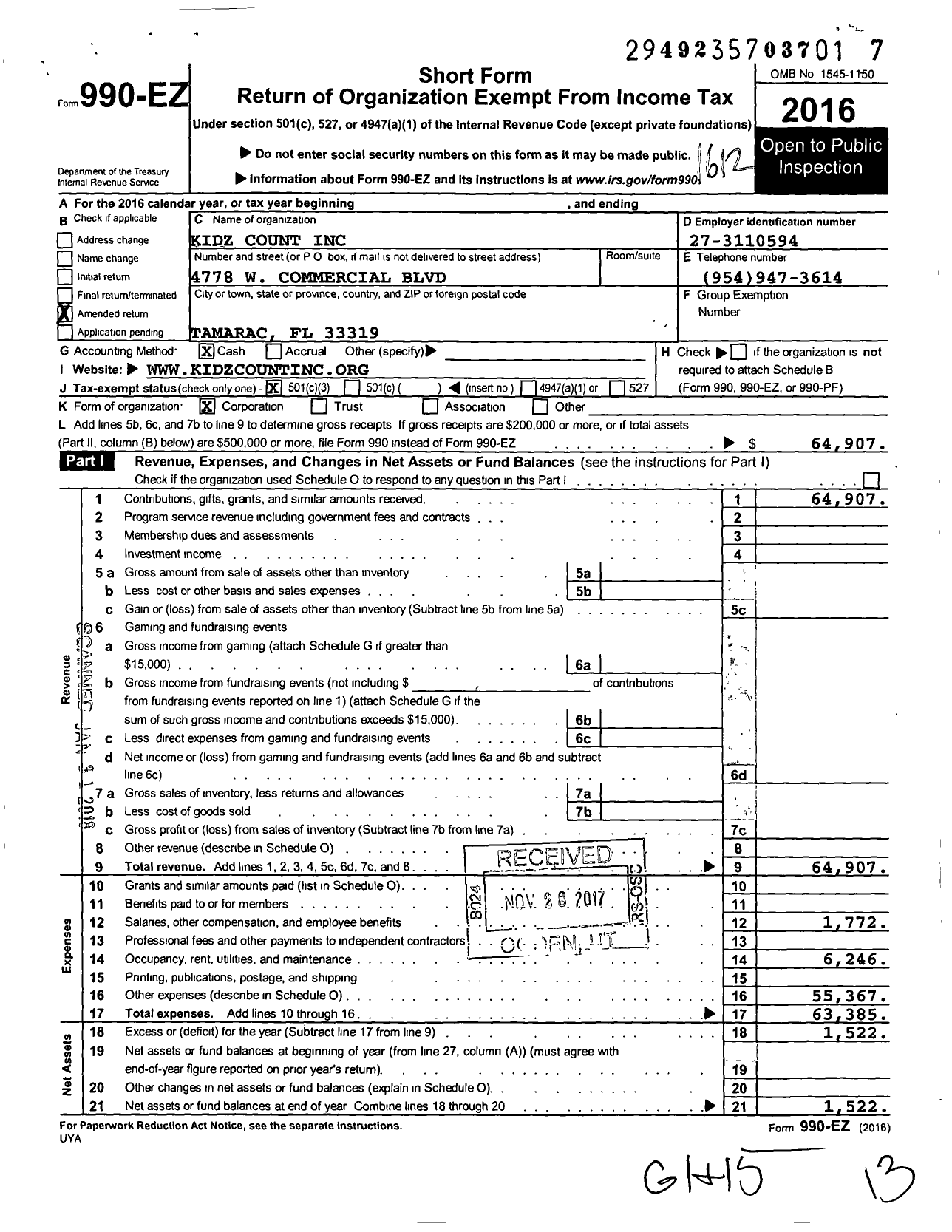 Image of first page of 2016 Form 990EZ for Kidz Count