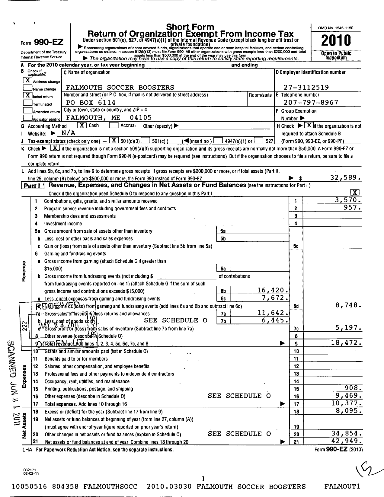 Image of first page of 2010 Form 990EZ for Falmouth Soccer Boosters