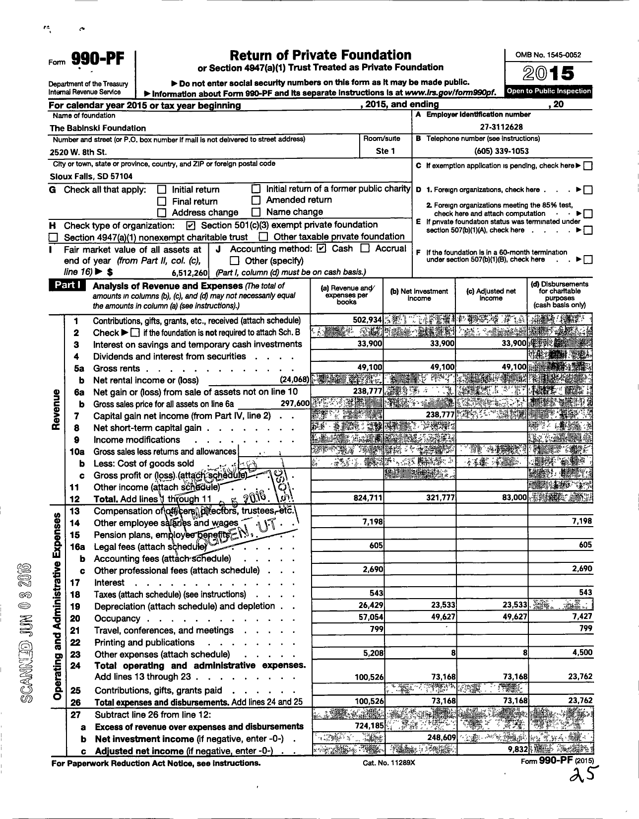 Image of first page of 2015 Form 990PF for The Babinski Foundation