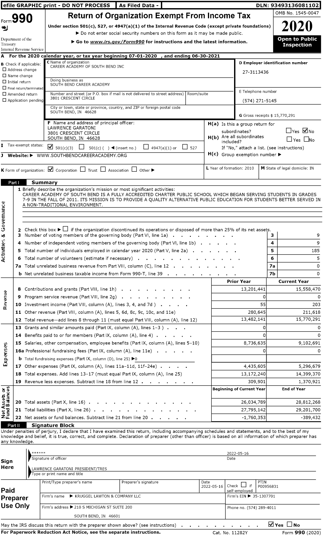 Image of first page of 2020 Form 990 for South Bend Career Academy