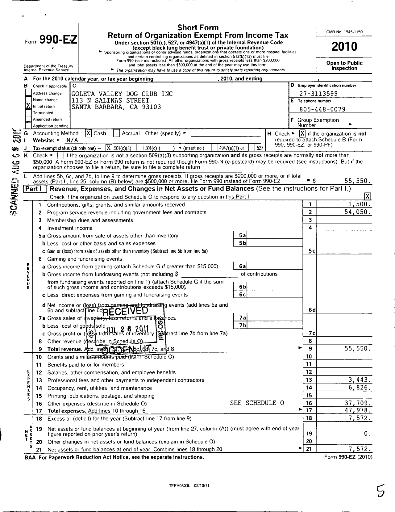 Image of first page of 2010 Form 990EZ for Goleta Valley Dog Club