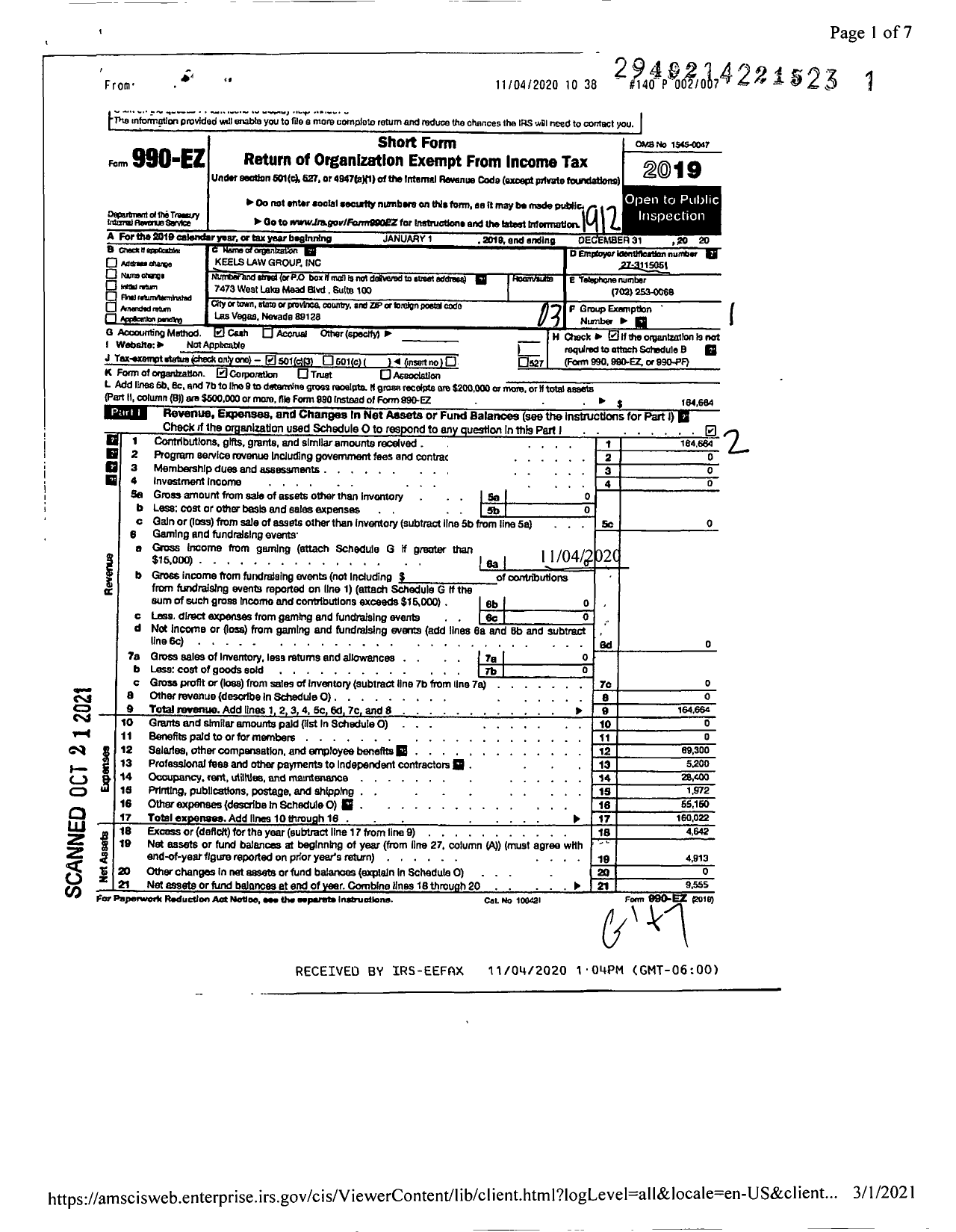 Image of first page of 2019 Form 990EZ for Keels Law Group