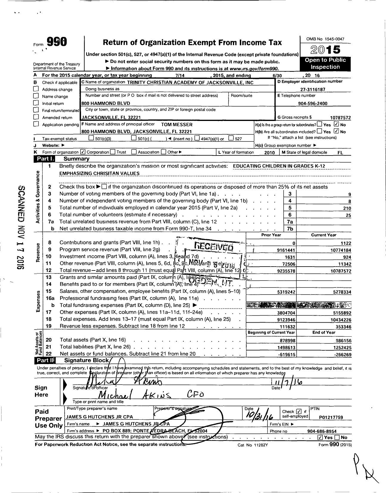 Image of first page of 2015 Form 990O for Trinity Christian Academy of Jacksonville (TCA)