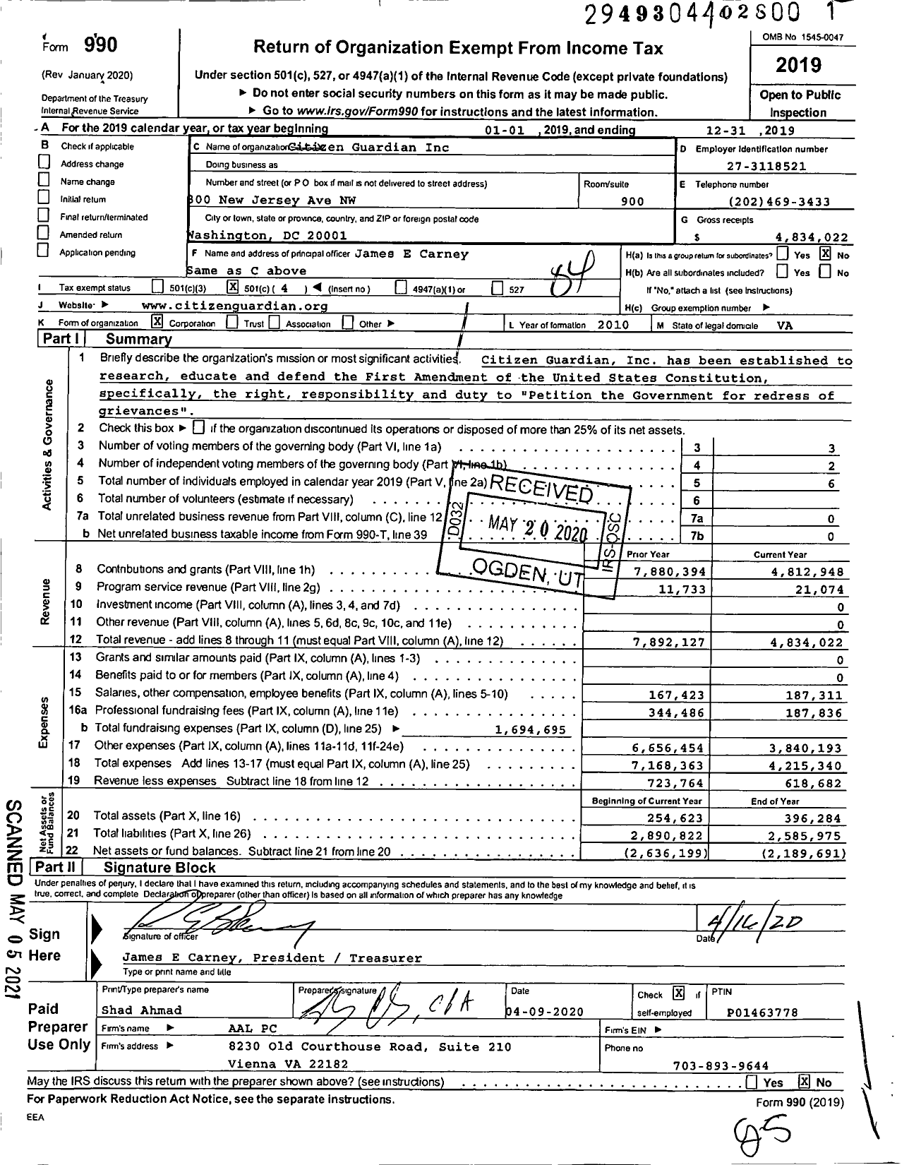Image of first page of 2019 Form 990O for Citizen Guardian