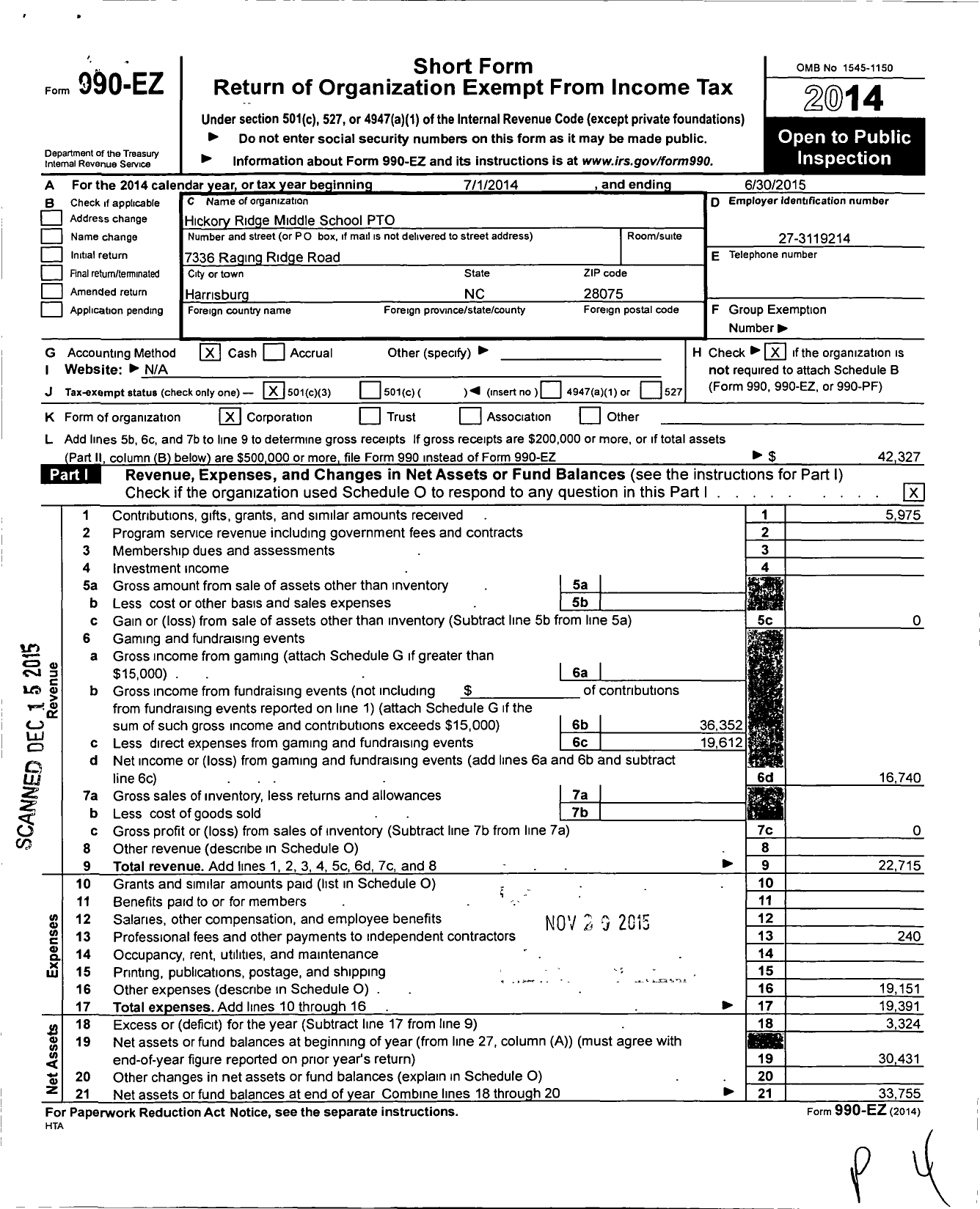 Image of first page of 2014 Form 990EZ for Hickory Ridge Middle School Pto