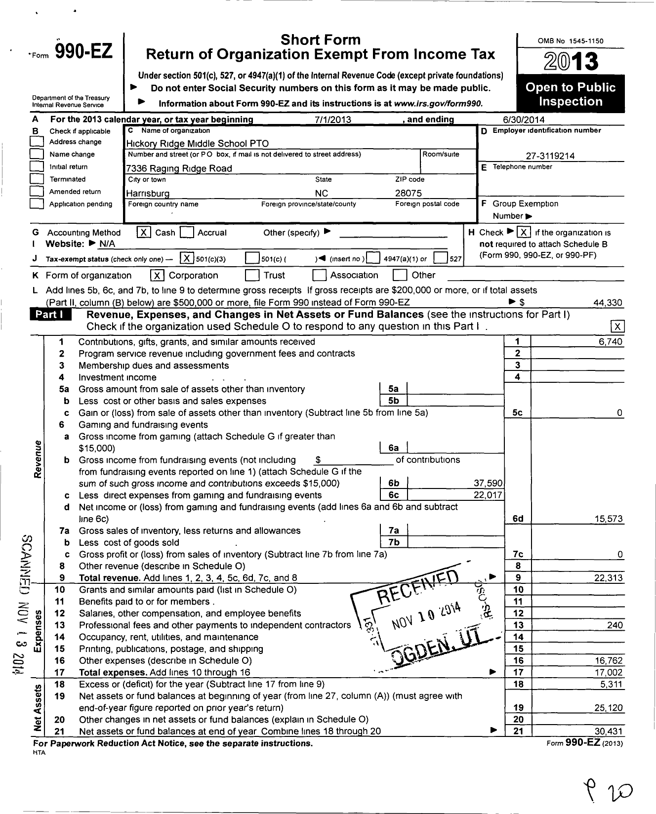 Image of first page of 2013 Form 990EZ for Hickory Ridge Middle School Pto