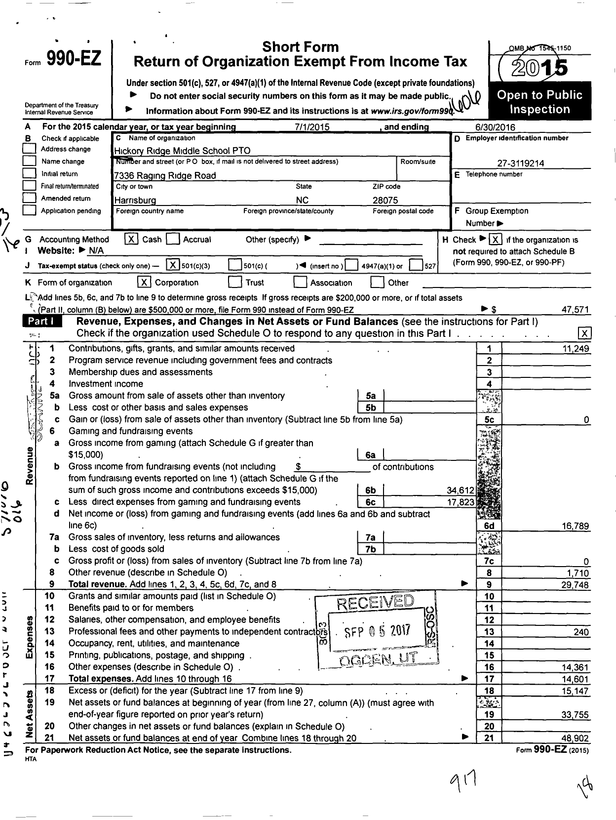 Image of first page of 2015 Form 990EZ for Hickory Ridge Middle School Pto