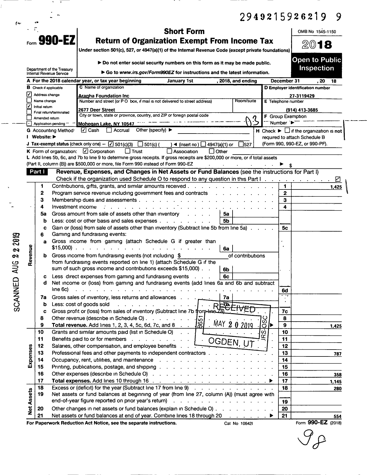 Image of first page of 2018 Form 990EZ for Aranha Foundation