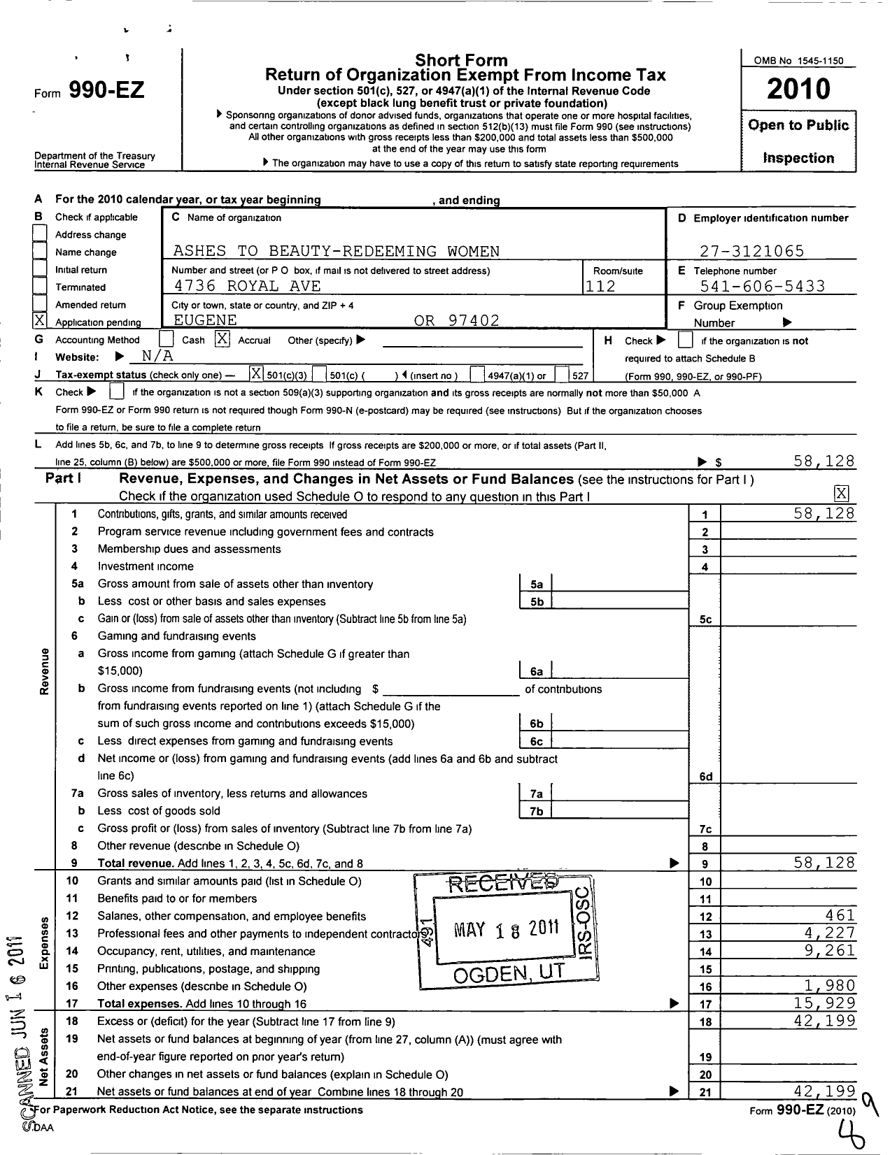 Image of first page of 2010 Form 990EZ for Ashes To Beauty-Redeeming Women