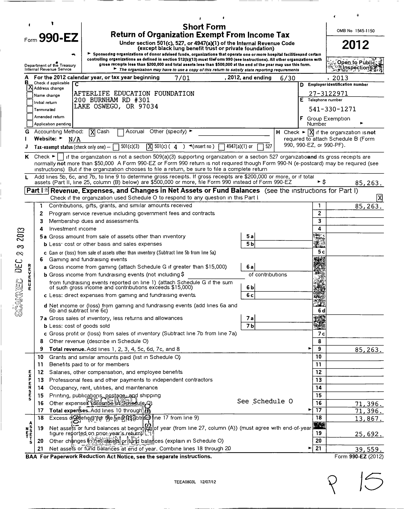 Image of first page of 2012 Form 990EO for Afterlife Education Foundation