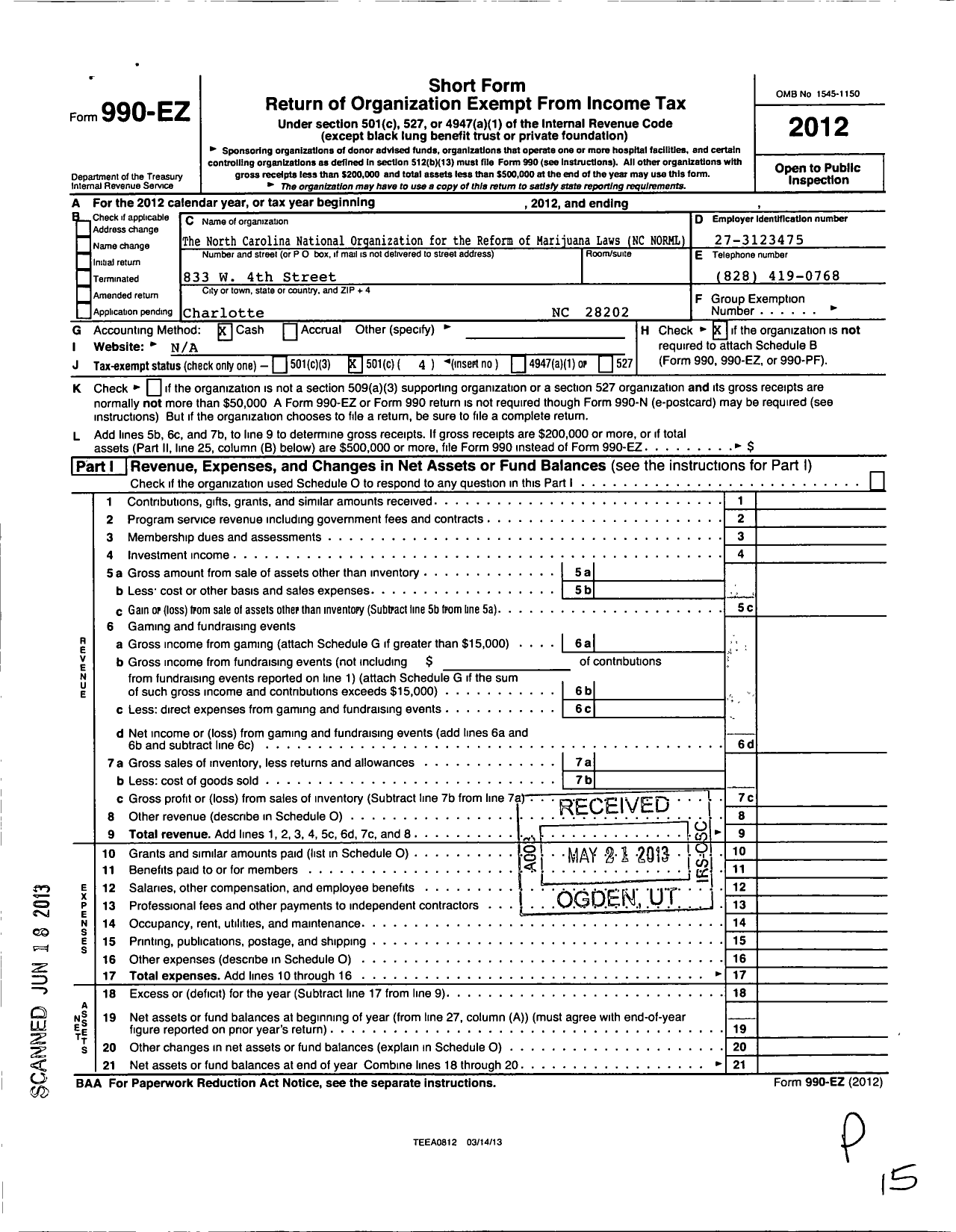 Image of first page of 2012 Form 990EO for North Carolina National Organization for the Reform of Mar