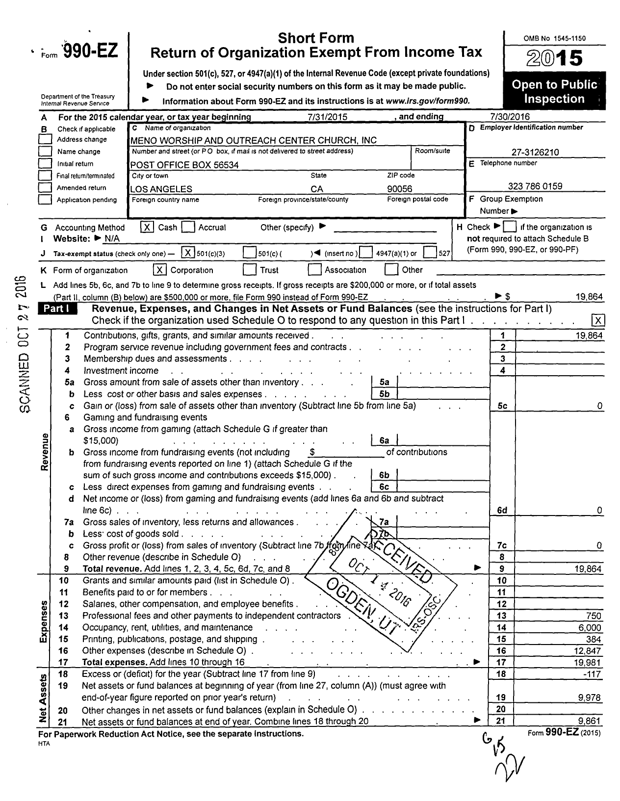 Image of first page of 2015 Form 990EZ for Meno Worship and Outreach Center Church