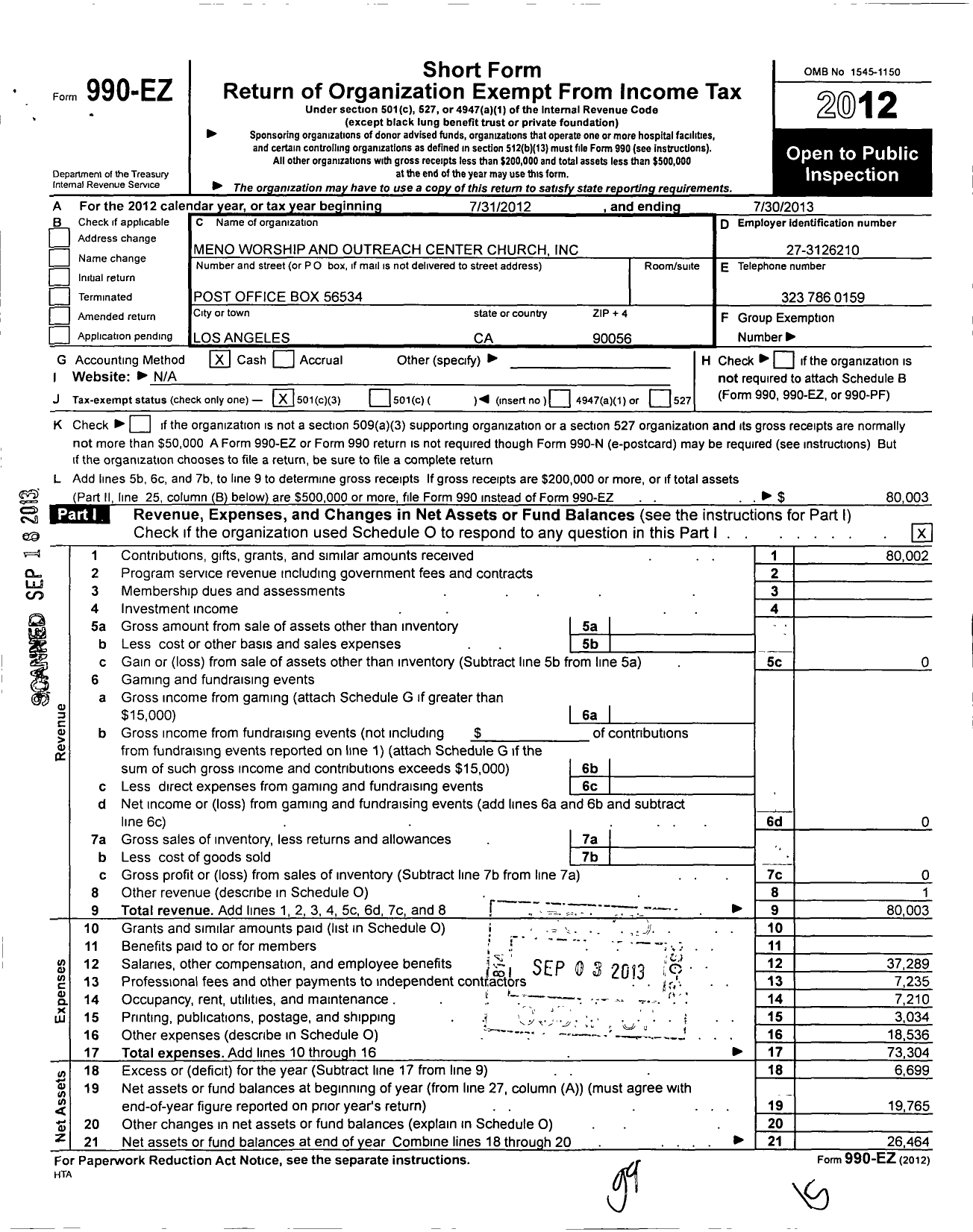 Image of first page of 2012 Form 990EZ for Meno Worship and Outreach Center Church