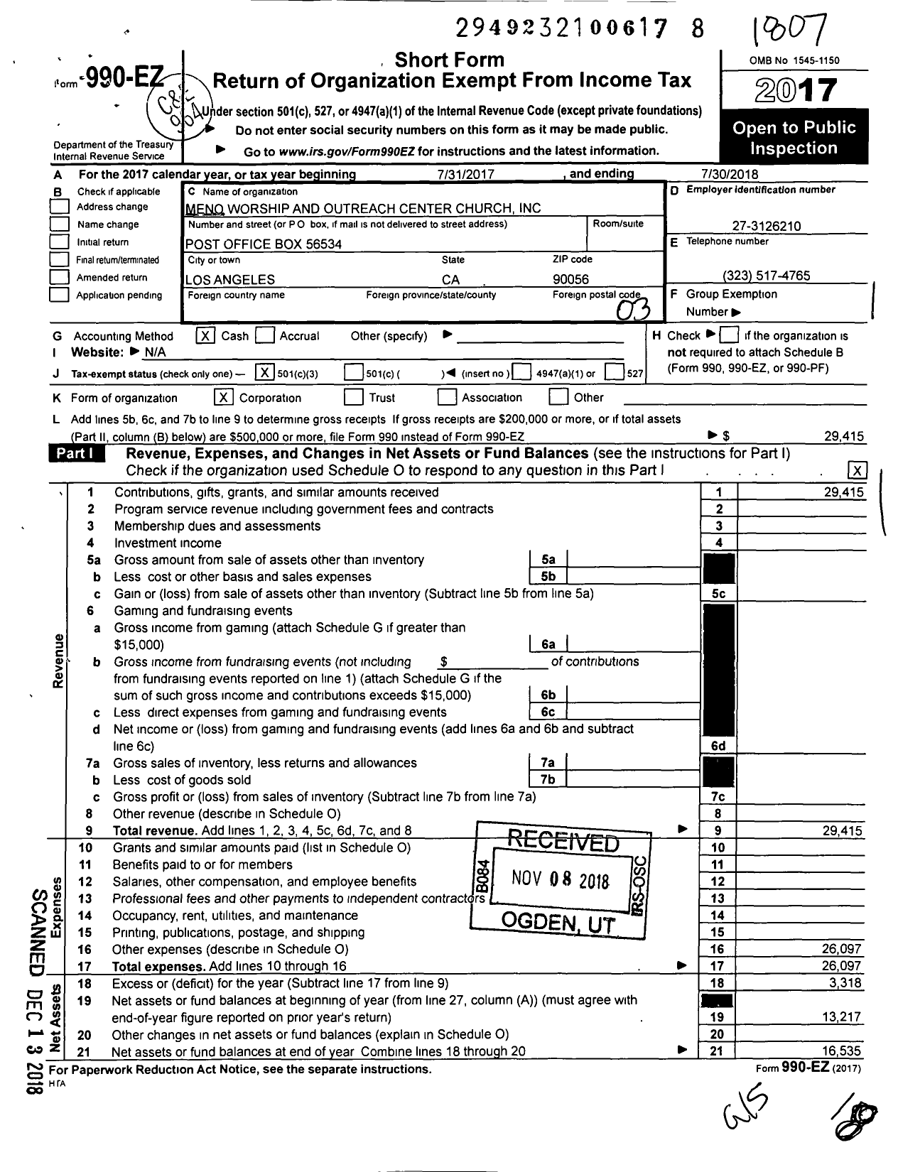 Image of first page of 2017 Form 990EZ for Meno Worship and Outreach Center Church