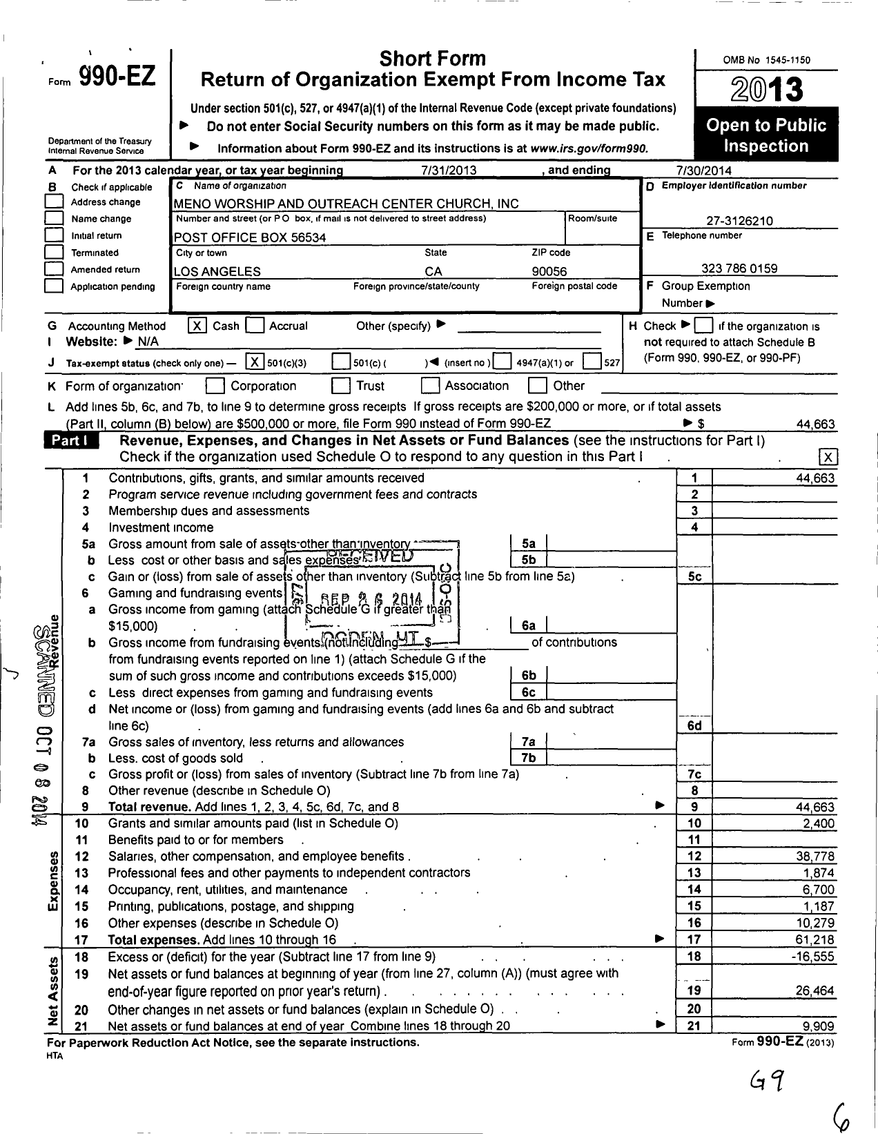 Image of first page of 2013 Form 990EZ for Meno Worship and Outreach Center Church