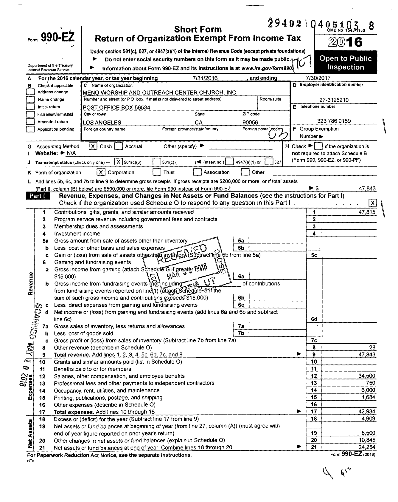 Image of first page of 2016 Form 990EZ for Meno Worship and Outreach Center Church