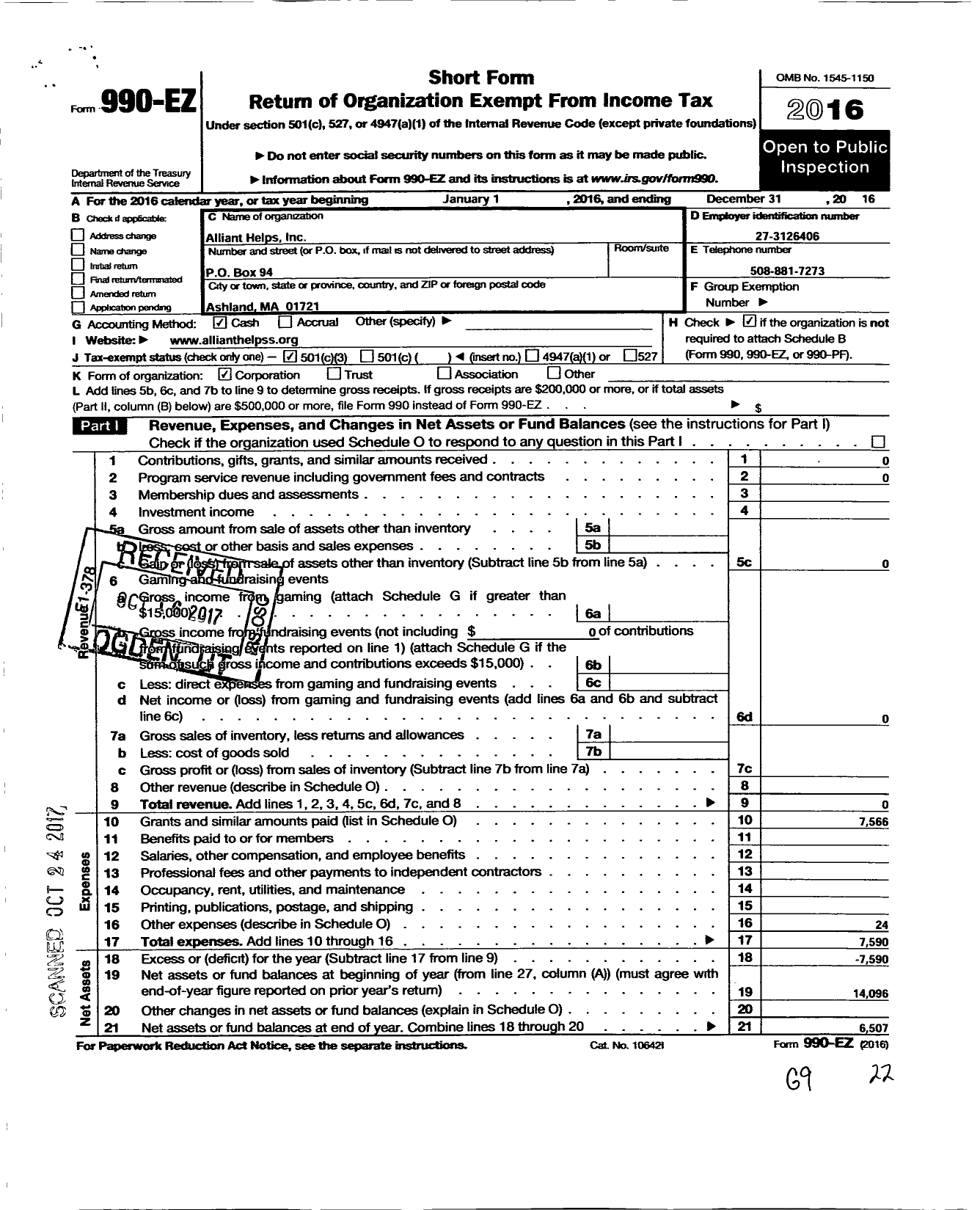 Image of first page of 2016 Form 990EZ for Alliant Helps