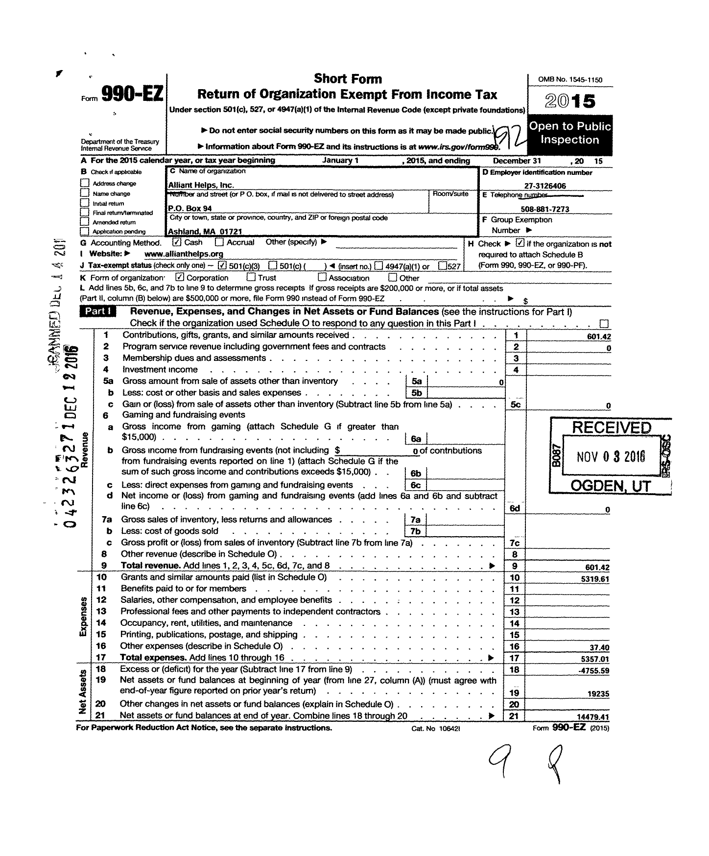 Image of first page of 2015 Form 990EZ for Alliant Helps