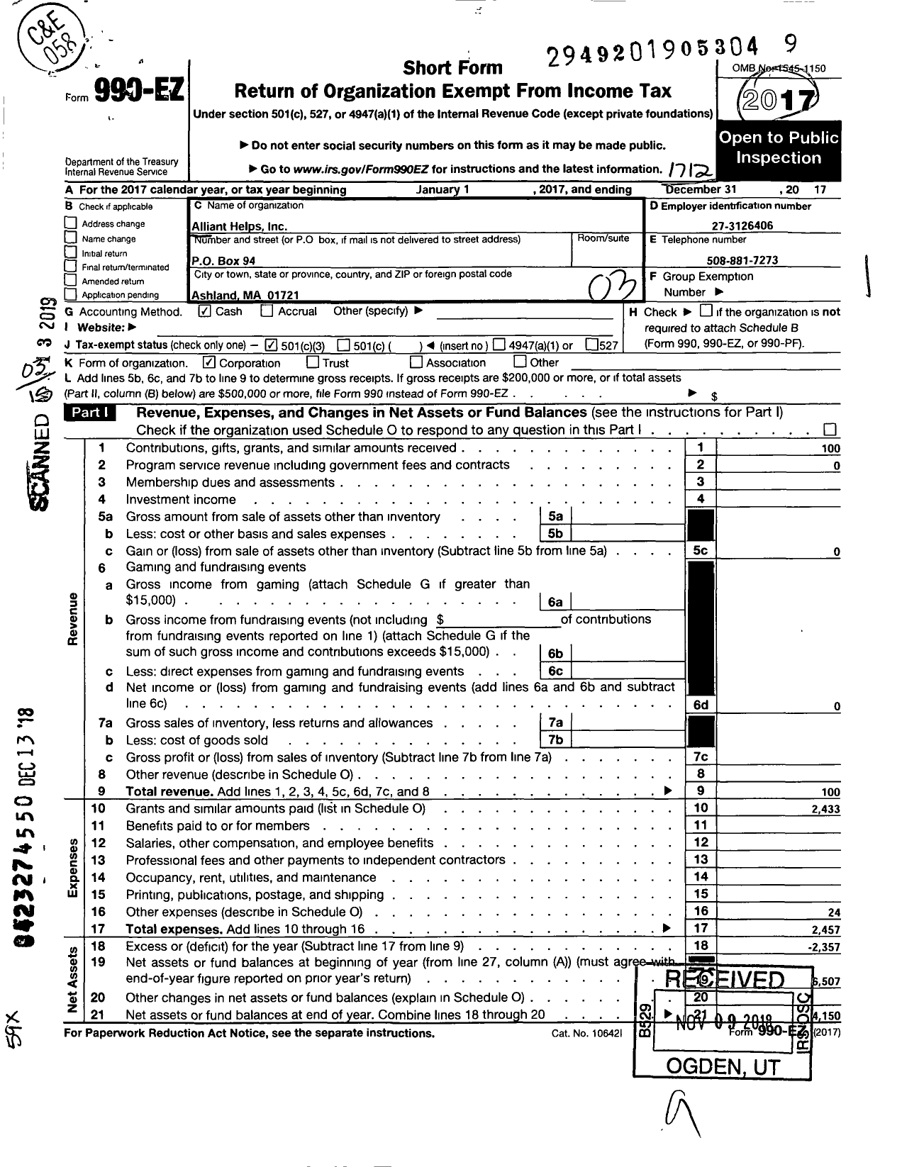 Image of first page of 2017 Form 990EZ for Alliant Helps