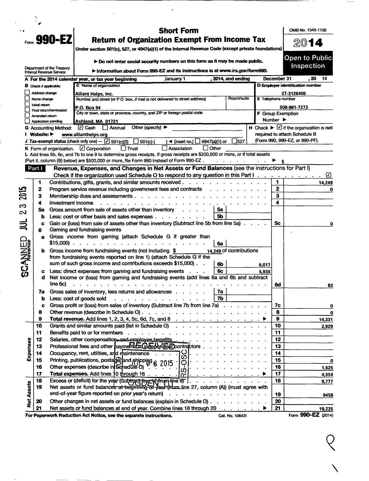 Image of first page of 2014 Form 990EZ for Alliant Helps