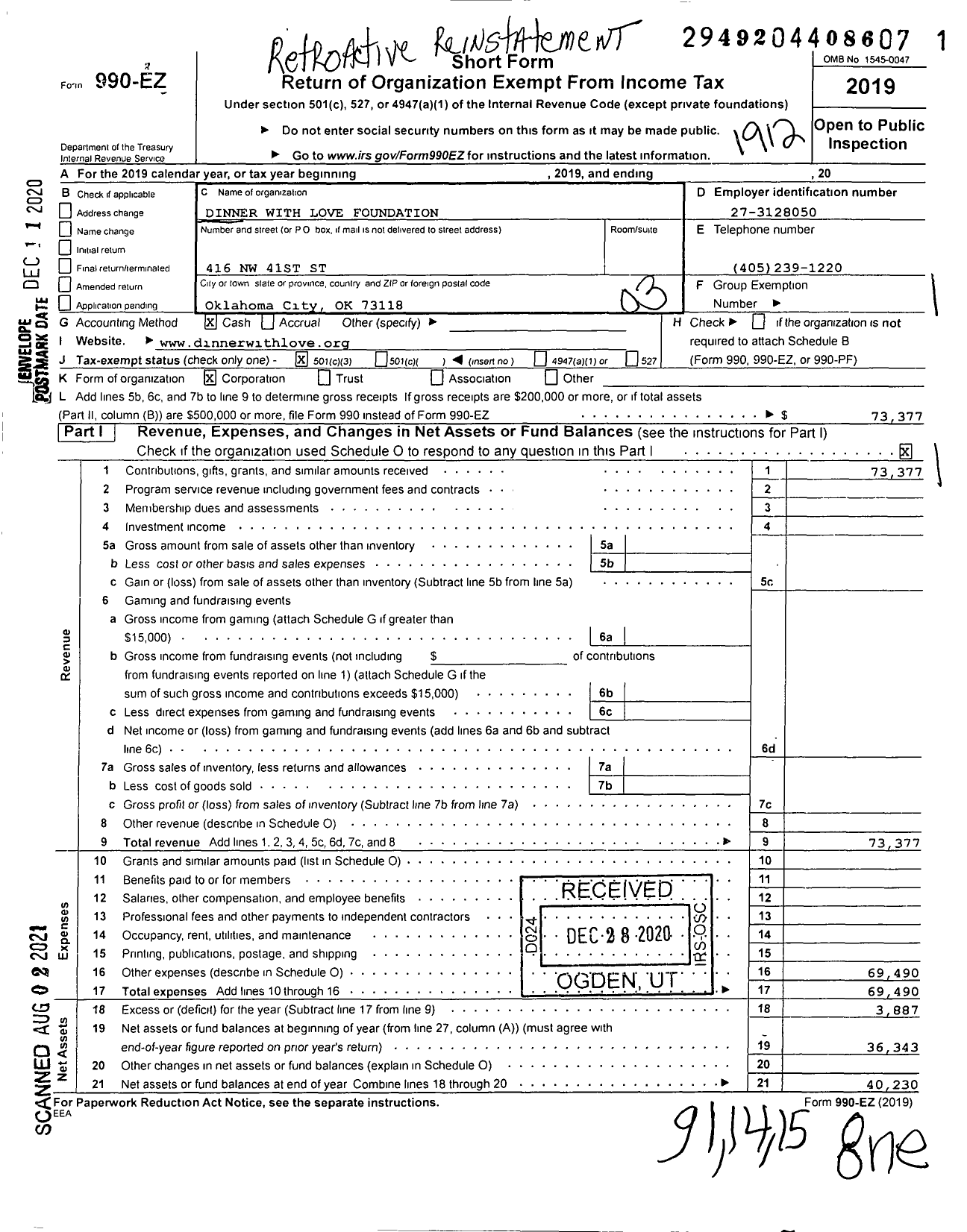 Image of first page of 2019 Form 990EZ for Dinner with Love Foundation