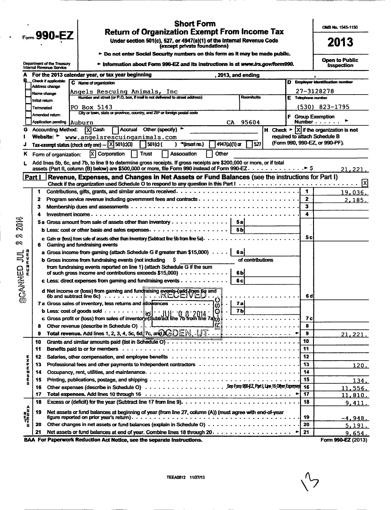 Image of first page of 2013 Form 990EZ for Angels Rescuing Animals