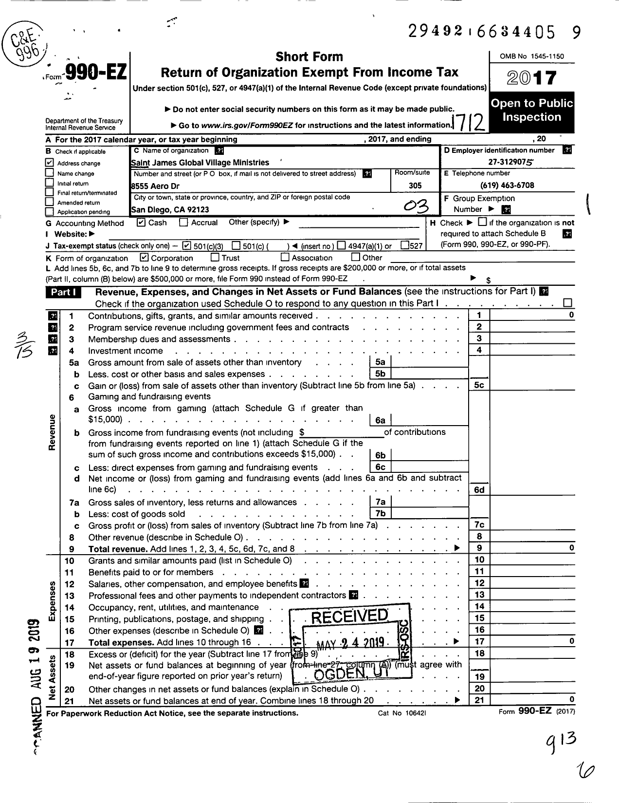 Image of first page of 2017 Form 990EZ for Saint James Global Village Ministries