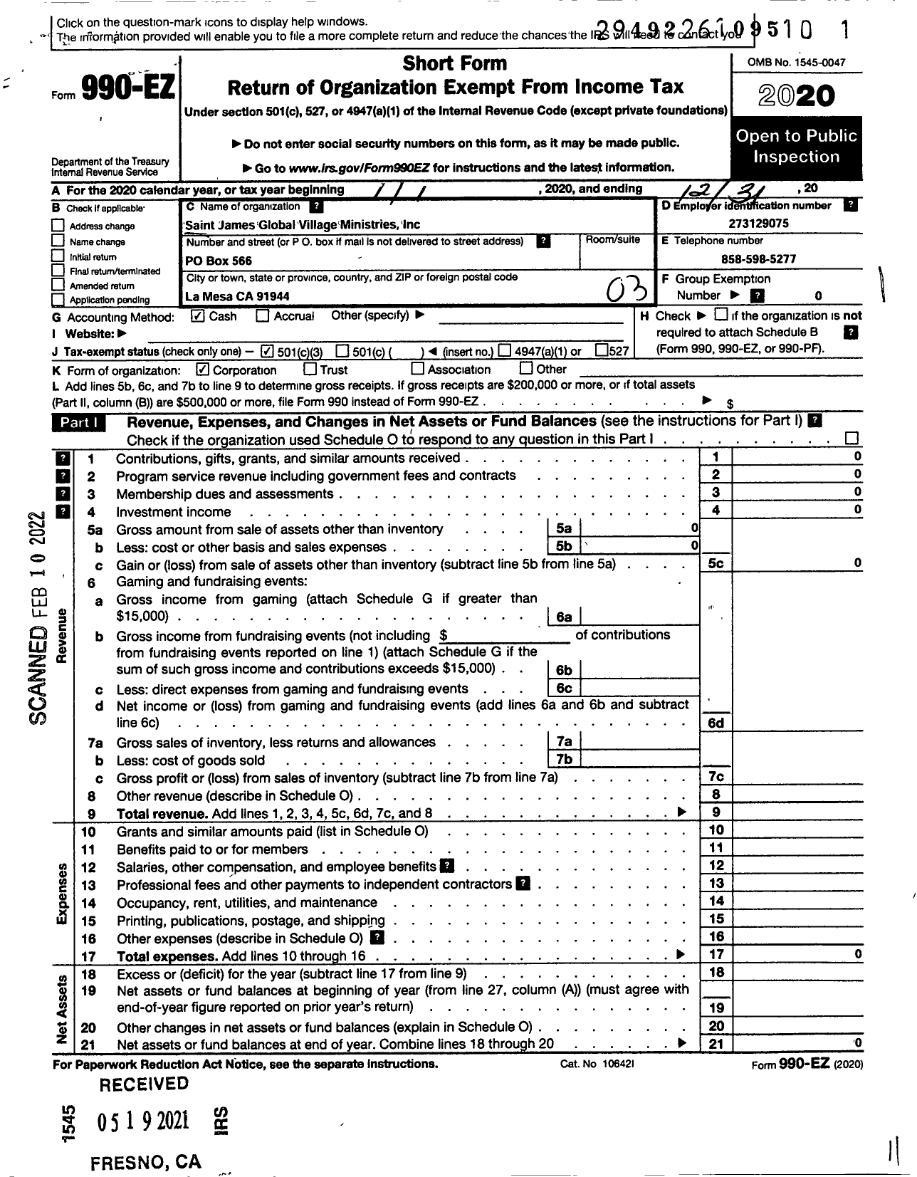 Image of first page of 2020 Form 990EZ for Saint James Global Village Ministries