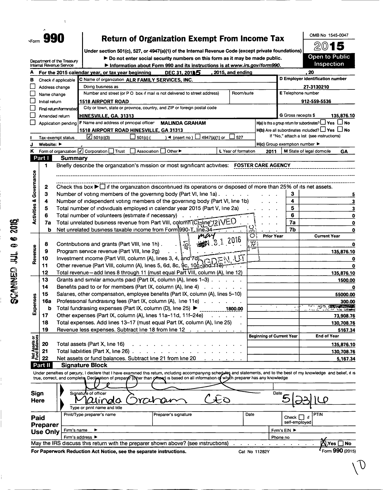 Image of first page of 2015 Form 990 for ALR Family Services