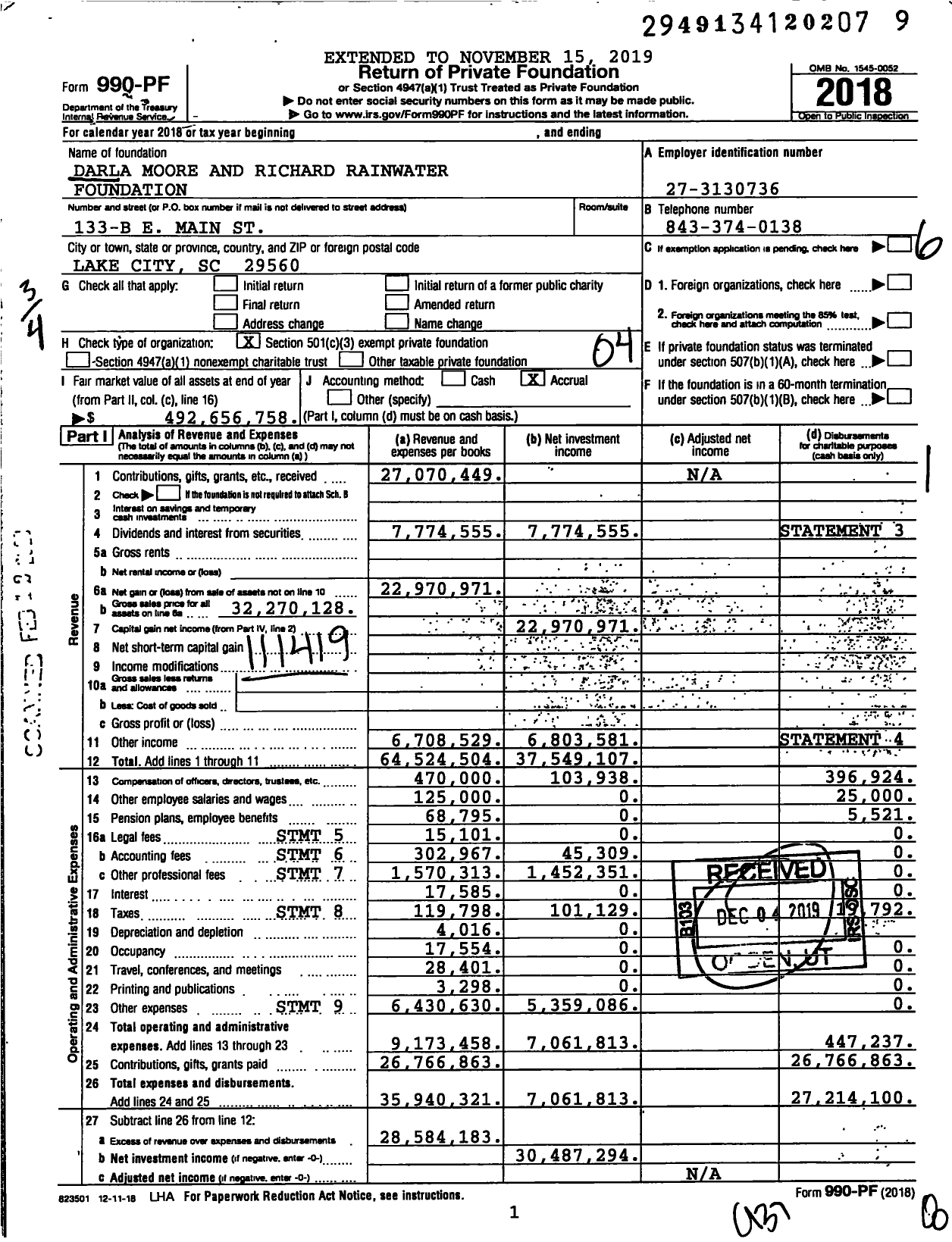 Image of first page of 2018 Form 990PF for Darla Moore and Richard Rainwater Foundation