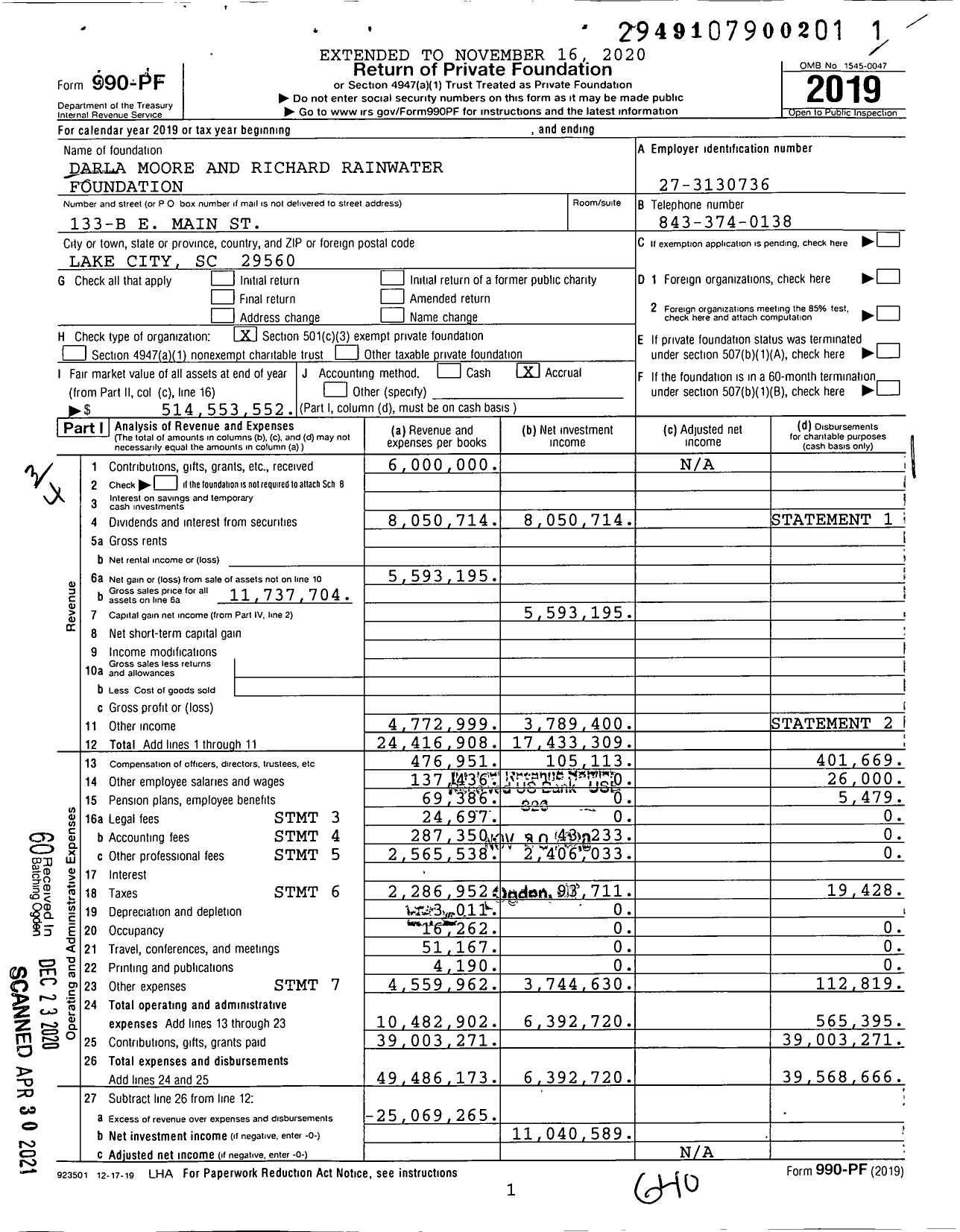 Image of first page of 2019 Form 990PF for Darla Moore and Richard Rainwater Foundation