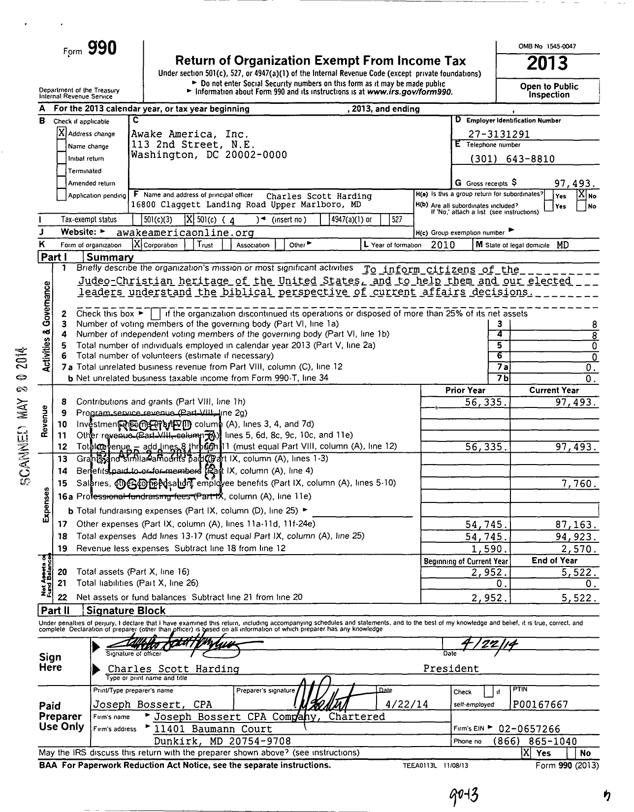 Image of first page of 2013 Form 990O for Awake America