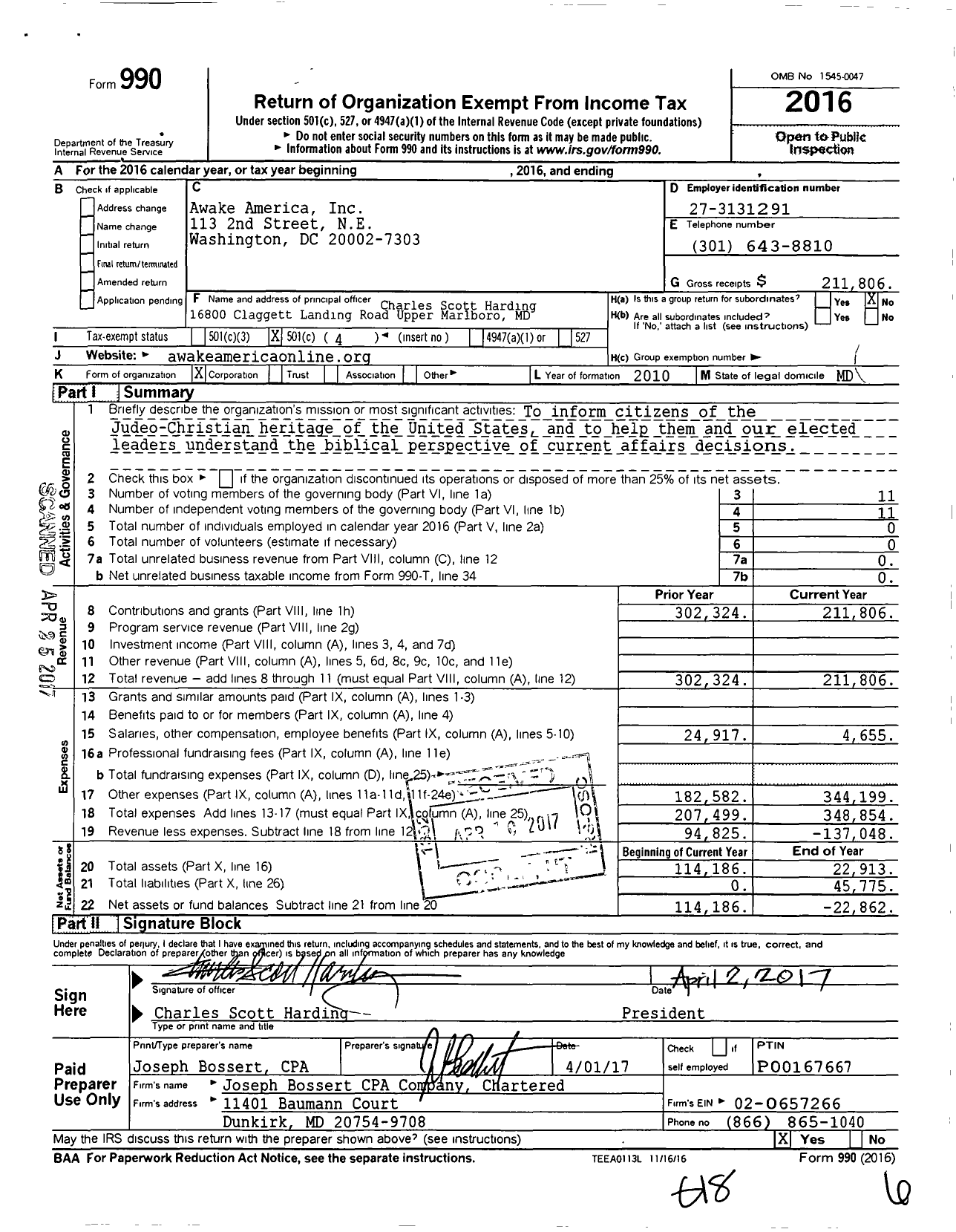 Image of first page of 2016 Form 990O for Awake America