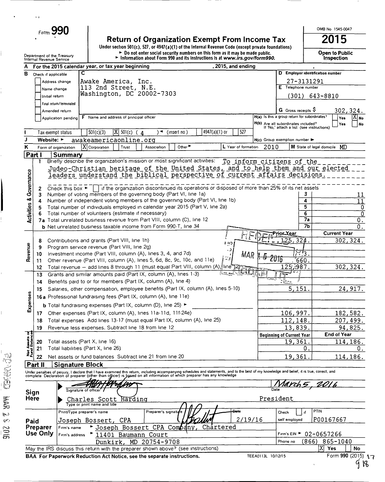 Image of first page of 2015 Form 990O for Awake America