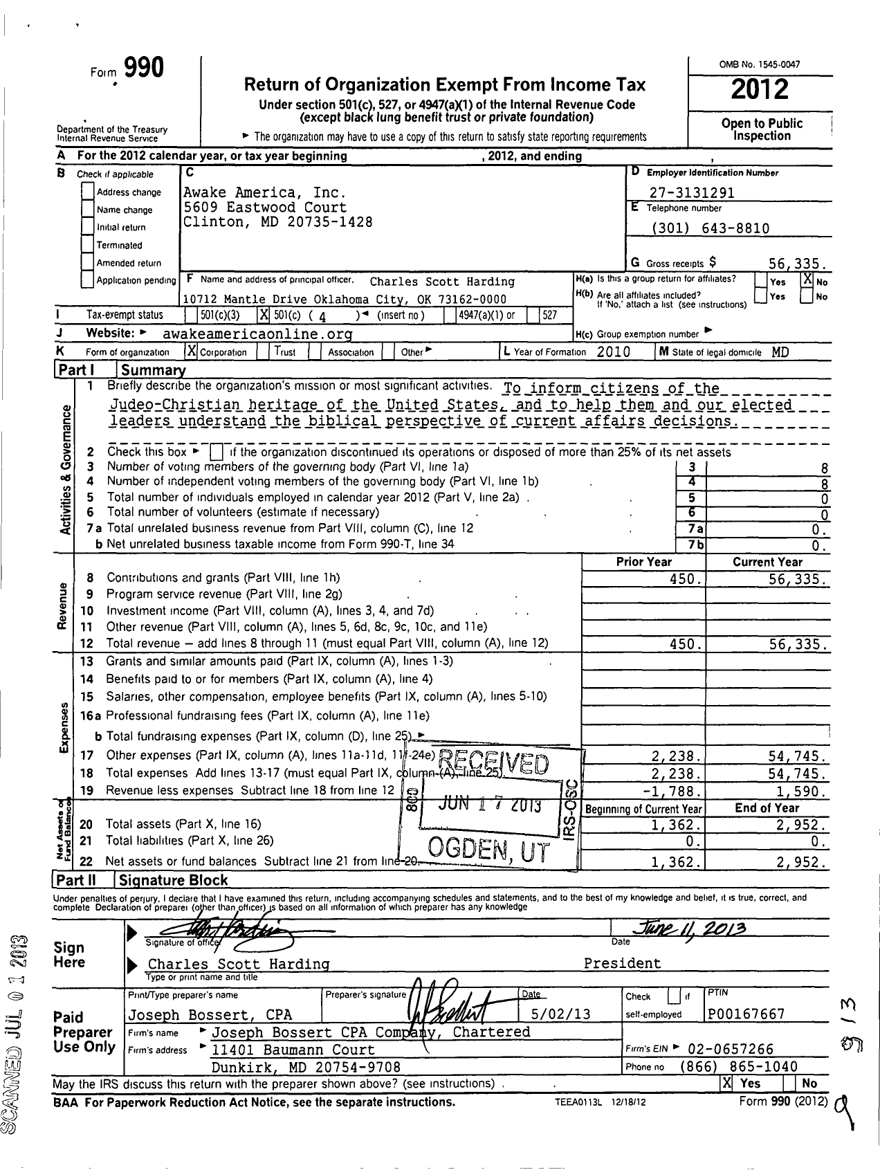 Image of first page of 2012 Form 990O for Awake America