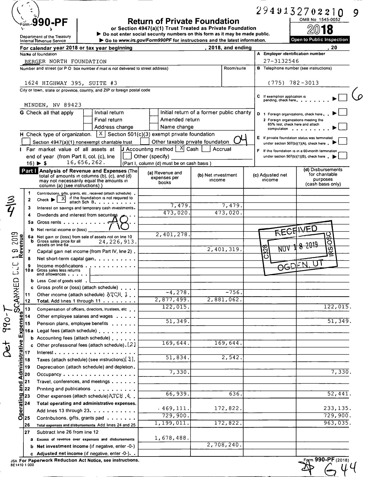 Image of first page of 2018 Form 990PF for Berger North Foundation