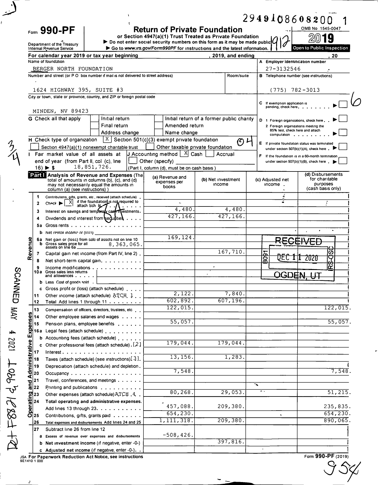 Image of first page of 2019 Form 990PF for Berger North Foundation