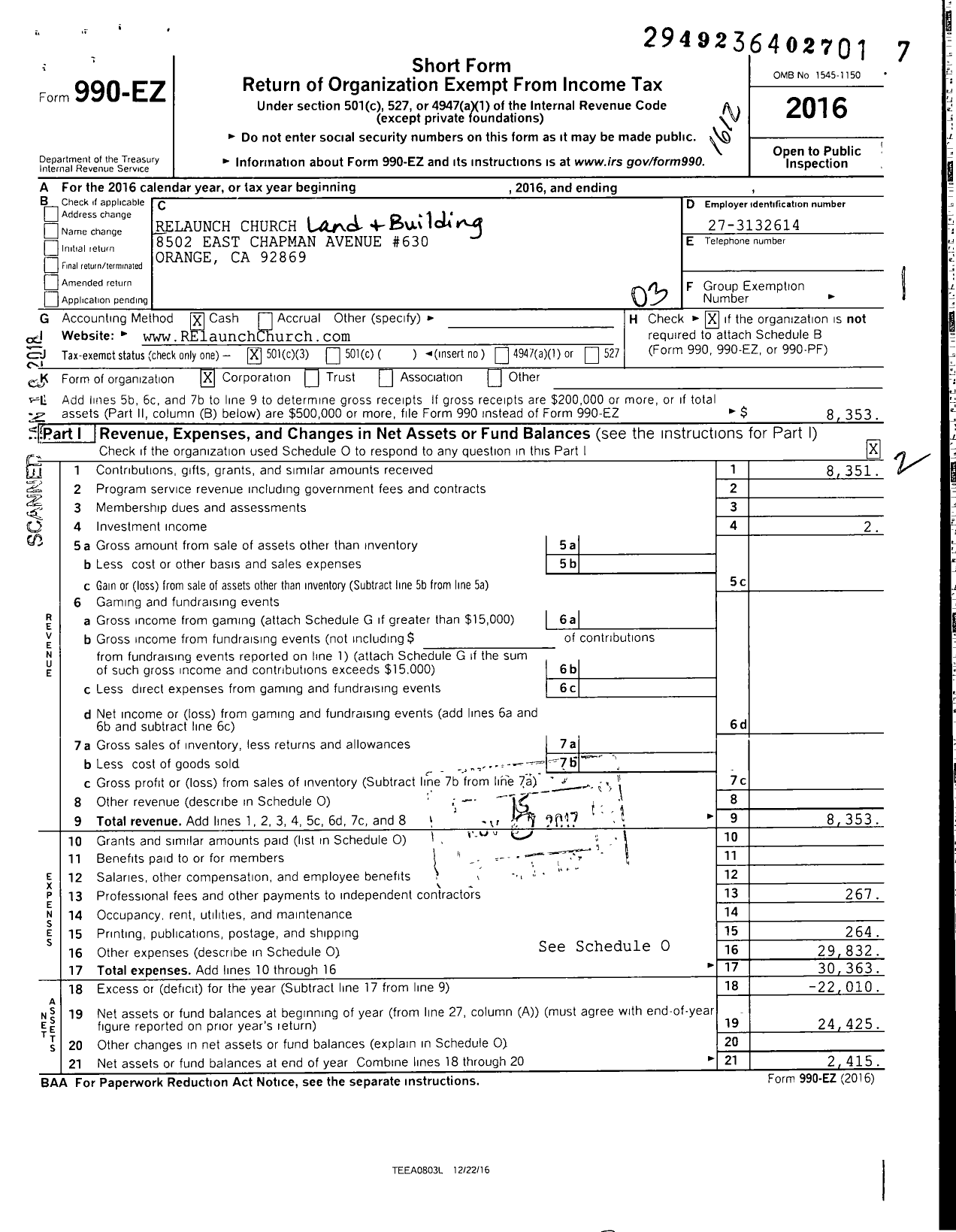 Image of first page of 2016 Form 990EZ for Relaunch Church Land and Building