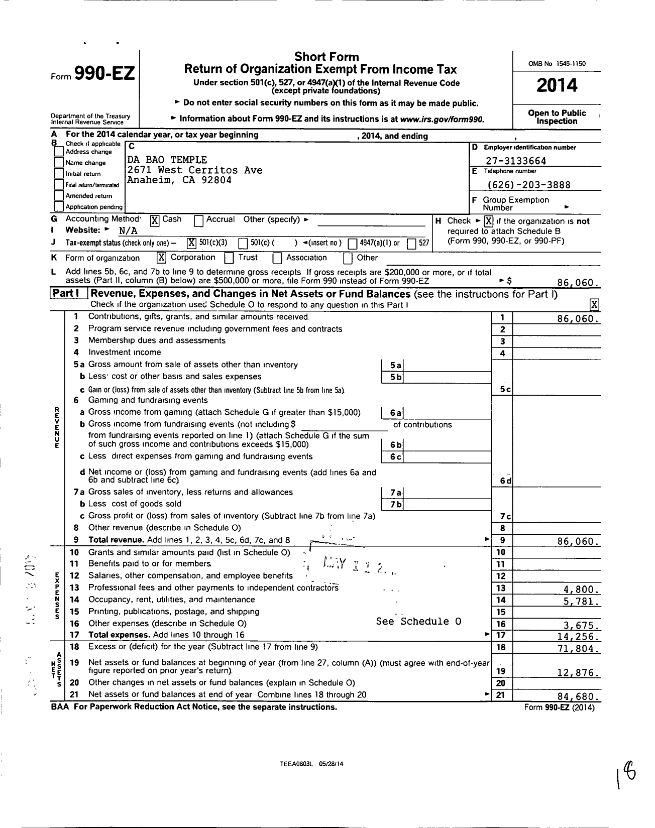 Image of first page of 2014 Form 990EZ for Da Bao Temple