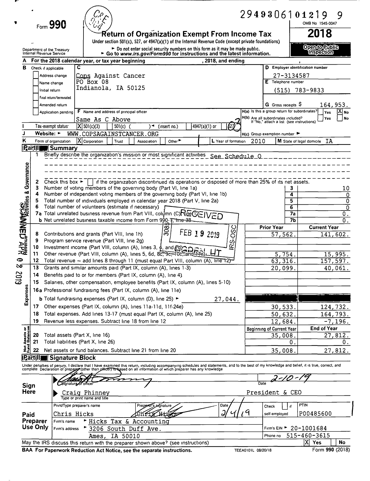 Image of first page of 2018 Form 990 for Cops Against Cancer