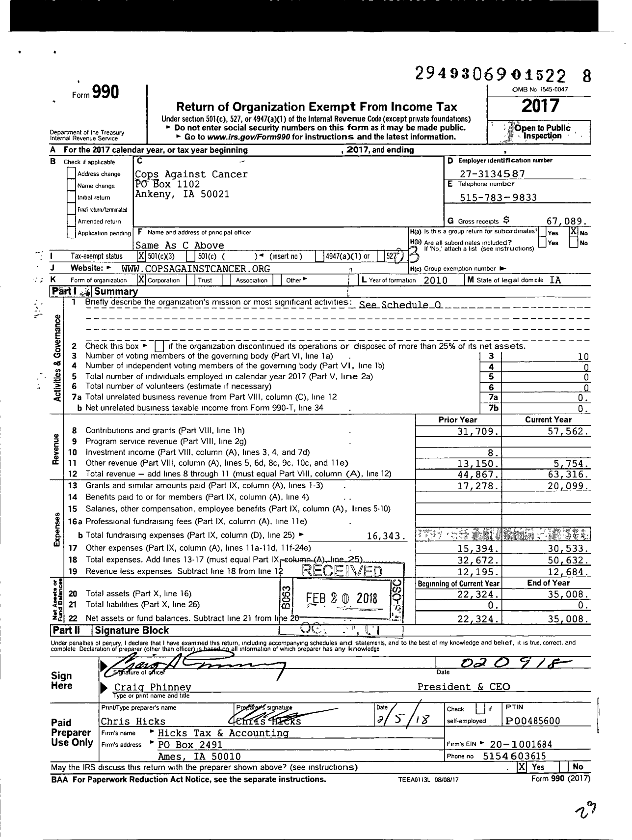 Image of first page of 2017 Form 990 for Cops Against Cancer