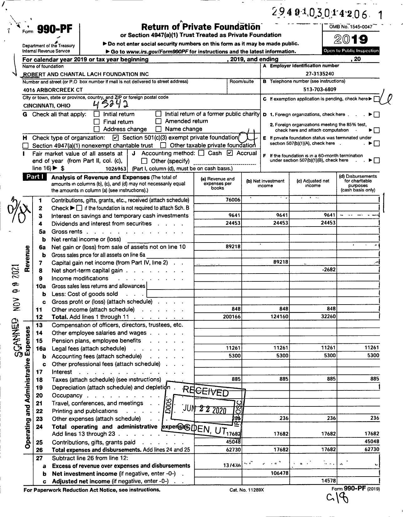 Image of first page of 2019 Form 990PF for Robert and Chantal Lach Foundation