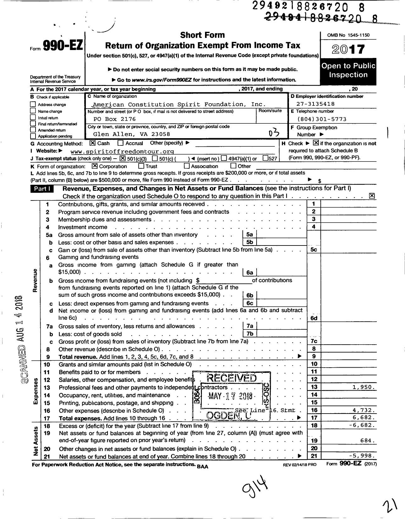 Image of first page of 2017 Form 990EZ for American Constitution Spirit Foundation