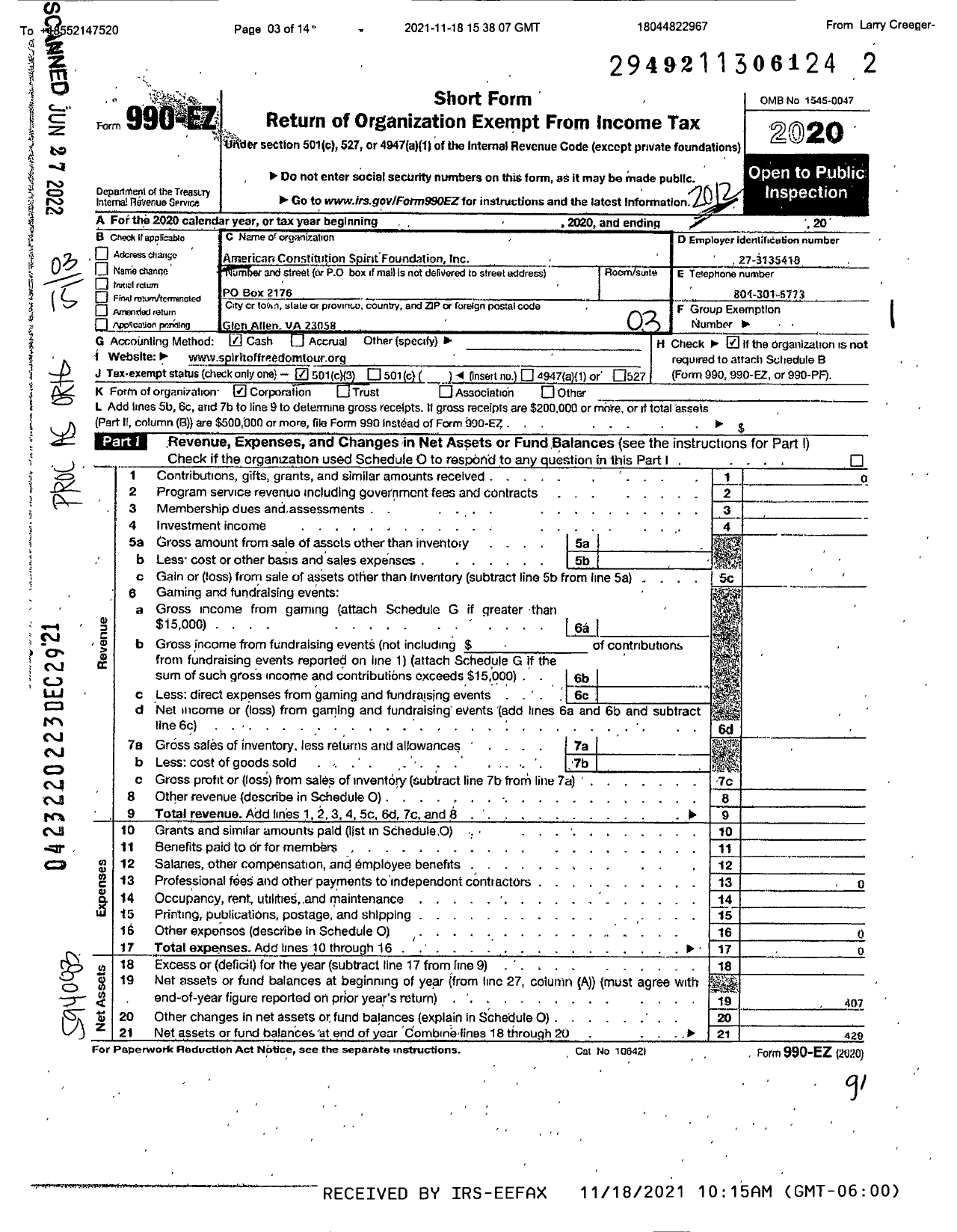 Image of first page of 2020 Form 990EZ for American Constitution Spirit Foundation