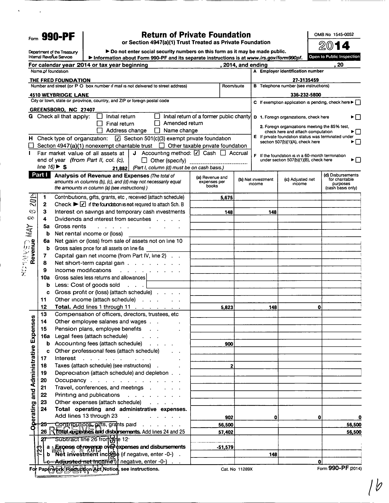Image of first page of 2014 Form 990PF for The Fred Foundation