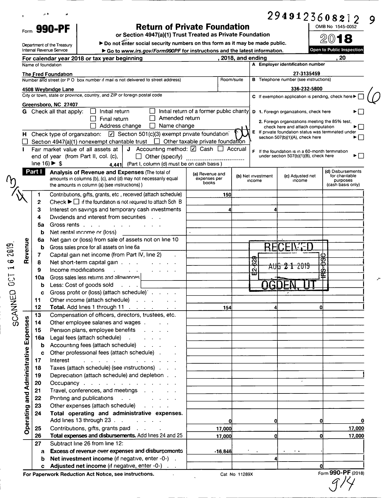 Image of first page of 2018 Form 990PF for The Fred Foundation