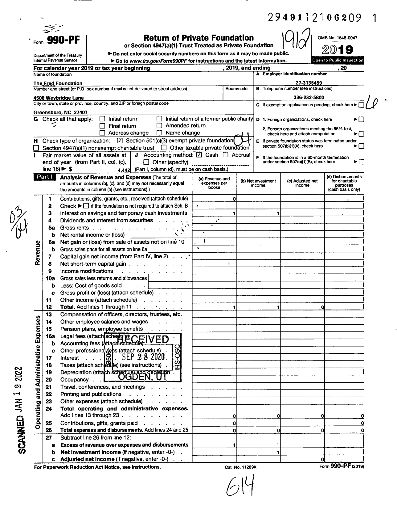 Image of first page of 2019 Form 990PF for The Fred Foundation